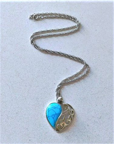 Vintage Sterling Silver Openwork & Turquoise Heart Pendant Necklace Lot 18"