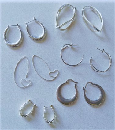 Vintage Sterling Silver Eclectic MODERNIST Hoop Earrings Lot of 7 Pairs