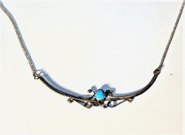 Vintage Sterling Silver Turquoise Navajo Curved Bar Pendant Necklace 21"