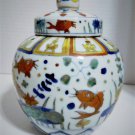 Antique Chinese Ming Blue White Sancai Fishes Aquatic Plants Lidded Tea Jar 5"