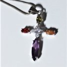 Vintage Sterling Silver Colorful CZ Cross Pendant Necklace Lot 18"