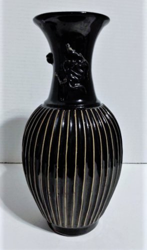 Antique Chinese Song Ribbed Mirror Black Insect Beetle Flared Rim Vase 10-5/8"