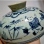 Antique Chinese Ming Blue White Many Boys Playing in Garden Lidded Bowl Lot 7"
