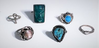 Vtg Sterling Silver SOUTHWEST Navajo Turquoise & Other Rings Lot 6 Pcs
