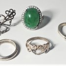 Vintage Sterling Silver Imperial Green Jadeite & Other Rings Lot of 5