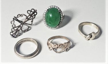 Vintage Sterling Silver Imperial Green Jadeite & Other Rings Lot of 5
