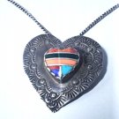 Vintage Sterling Silver SOUTHWEST Navajo Heart Inlaid Pendant Necklace Lot 16"
