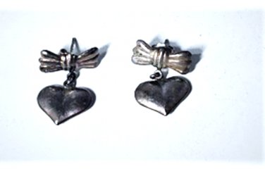 Vintage Sterling Silver Bows w Dangle Drop Puffy Hearts Post Stud Earrings Lot