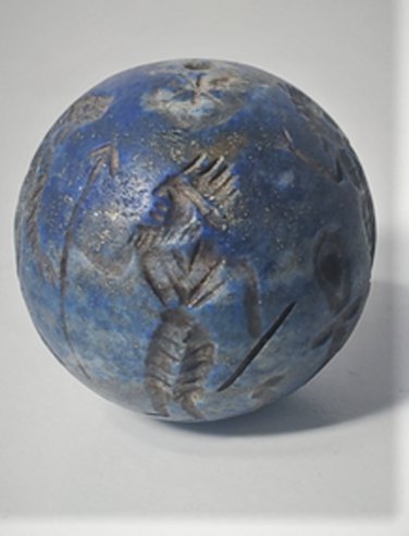 Ancient Large Spherical Carved Lapis Lazuli Intaglio Seal Bead