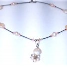 Vtg Sterling Silver Pink Crystal & Keshi Pearl Drop Pendant Necklace Lot 15"