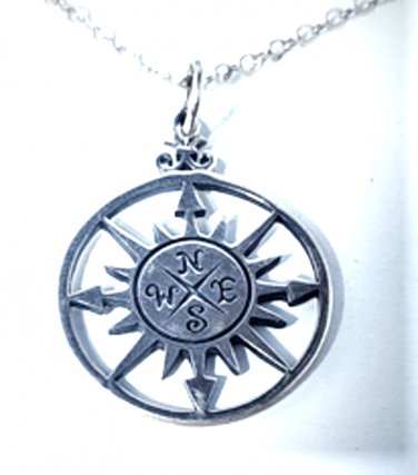 Vintage Sterling Silver Cutout Classical Compass Pendant Necklace Lot 18"