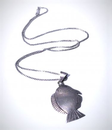 Vintage Sterling Silver MEXICO Big Fish Pendant Necklace Lot 24"