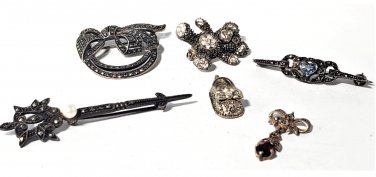 Vintage Sterling Silver Marcasite Pin Brooches & Pendants Lot of 6