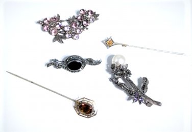 Sterling Silver Victorian Edwardian & Revival Marcasite Stickpin Brooches Lot