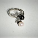 Vtg Sterling Silver AMO High End Blk Wht Peral Bypass Ring Lot Sz 9 Adjustable