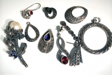 Vtg Sterling Silver Marcasite Necklace Pendants Wear Repair Harvest Lot 10 Pcs