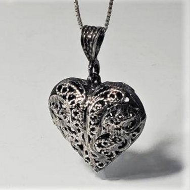 Vtg Sterling Silver Ornate Dia Cut Filigree Heart Pendant Necklace Lot 18"