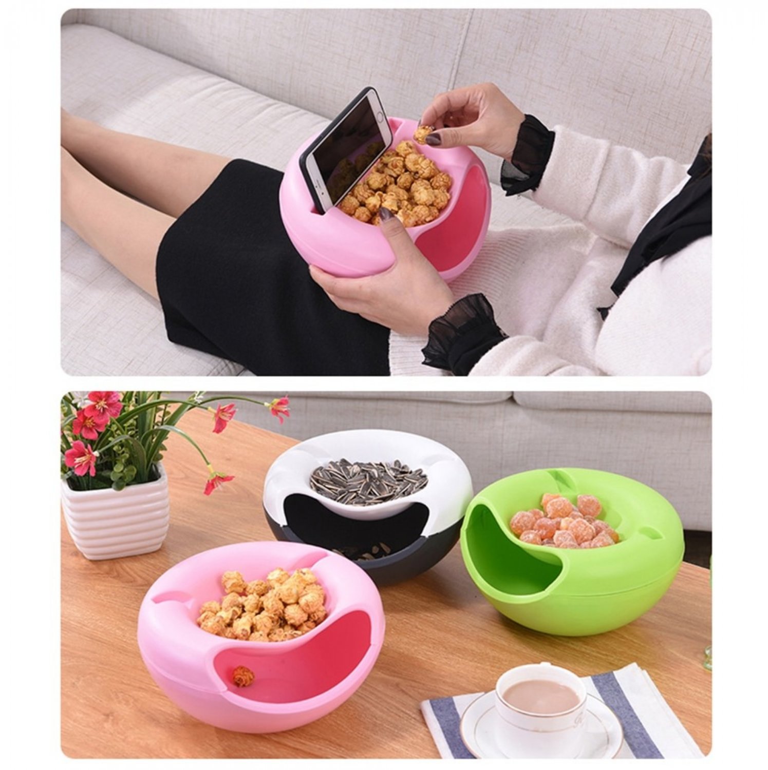 Creative Lazy Snack Bowl Plastic Double Layer Snack Storage Box Fruit Plate SE