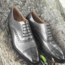 Mens Gray Oxfords Brogues Lace Up Cap Toe Formal Wear Handmade Shoes