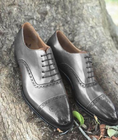 Mens Gray Oxfords Brogues Lace Up Cap Toe Formal Wear Handmade Shoes