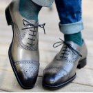 Men's Handmade Brogue Toe Grey Lace Up Formal Dress Custom Made Leather Shoe