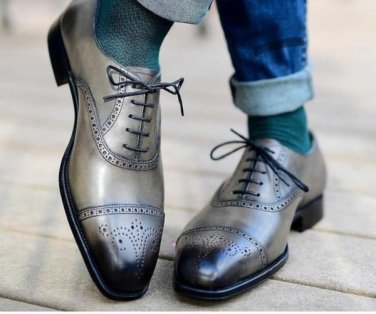 Men's Handmade Brogue Toe Grey Lace Up Formal Dress Custom Made Leather Shoe