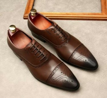 Handmade Oxford Brown Color Cap Toe Lace Up Brogue shoes For Men's