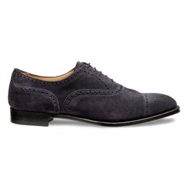 Men's Handmade Shoes Dark Grey Suede Brogue Toe Cap Oxford Wingtip Lace Up Boot
