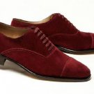 New Custom Handmade Unique Style Maroon Cap Toe Lace Up Suede Leather Shoes