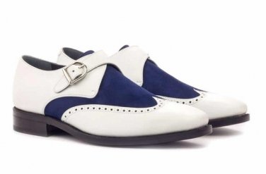 New Handmade Goodyear Welt Single Monk Navy & White Color Calf Suede Shoe