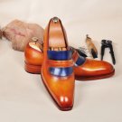 NEW HANDMADE MEN’s LEATHER LUXURY  TAN & BLUE MENS LOAFERS SHOE