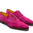 Oxford Pink Color Suede Genuine Leather Brogue Cap Toe Handmade Lace Up Matching Sole Shoe