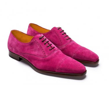 Oxford Pink Color Suede Genuine Leather Brogue Cap Toe Handmade Lace Up Matching Sole Shoe
