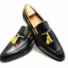 Black Apron Toe Genuine Leather Yellow Tassel Loafer Slip On Handmade Men Shoes