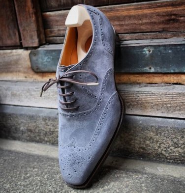 Classic Handmade Brogues Oxfords Suede Leather Grey Wingtip Men's Lace Up