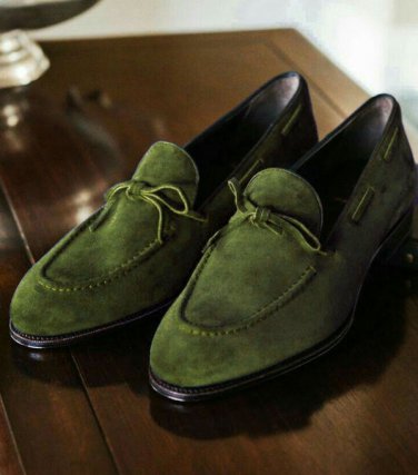 Decent Handmade Olive Green Suede Tassels Moccasins Formal Shoes