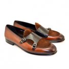 Decent Two Tone Double Monk Strap Design Shoes, Handmade Leather Suede Shoes For Gentlemen