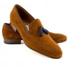 Men Brown Handmade Suede Leather Loafers Slips On Black Tassel Rounded Toe Shoes