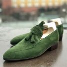 Men Stylish Green Suede Moccasin Dress Shoes With Tassels, Slip on Shoes