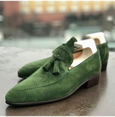Men Stylish Green Suede Moccasin Dress Shoes With Tassels, Slip on Shoes
