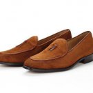 Handmade Men's Camel Brown Color Suede Leather Tussles Loafers Shoes For Men