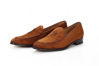 Handmade Men's Camel Brown Color Suede Leather Tussles Loafers Shoes For Men