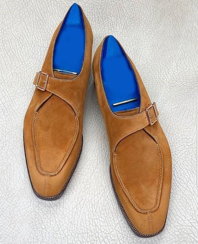 Handmade Men's Suede Leather Monk Camel Color Split Toe Shoes