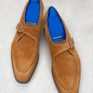 Handmade Men's Suede Leather Monk Camel Color Split Toe Shoes