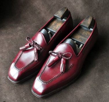 New Handmade Burgundy Color Tassels Loafer Leather Shoes For Men