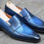 Handmade Navy Blue & Black Patina Finishing Leather Loafer Slips On Shoes For Men