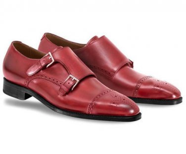 New Handmade Men Red Double Strap Buckle Brogue Toe Black Sole Monk Shoes