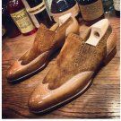 New Men's Handmade Brown Color Wing Tip with suede Leather  Slip On Shoes.