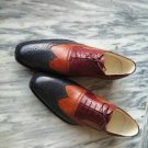 Men’s Handmade Navy Blue & Tan Brown Color Leather Shoes, Wing Tip Brogue Dress Lace Up Shoes