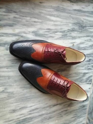 Men&acirc;��s Handmade Navy Blue & Tan Brown Color Leather Shoes, Wing Tip Brogue Dress Lace Up Shoes